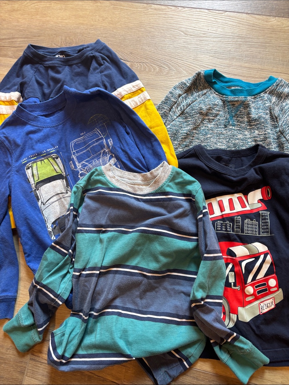 Kids Long-Sleeve Stripe & Graphic Shirt Bundle - Blue, Teal, Navy (5!)